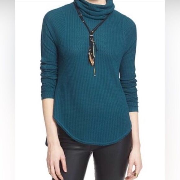 33- WE THE FREE *KRISTINA DRIPPY* THERMAL WIDE NECK JADE blue TUNIC TOP - Picture 1 of 2